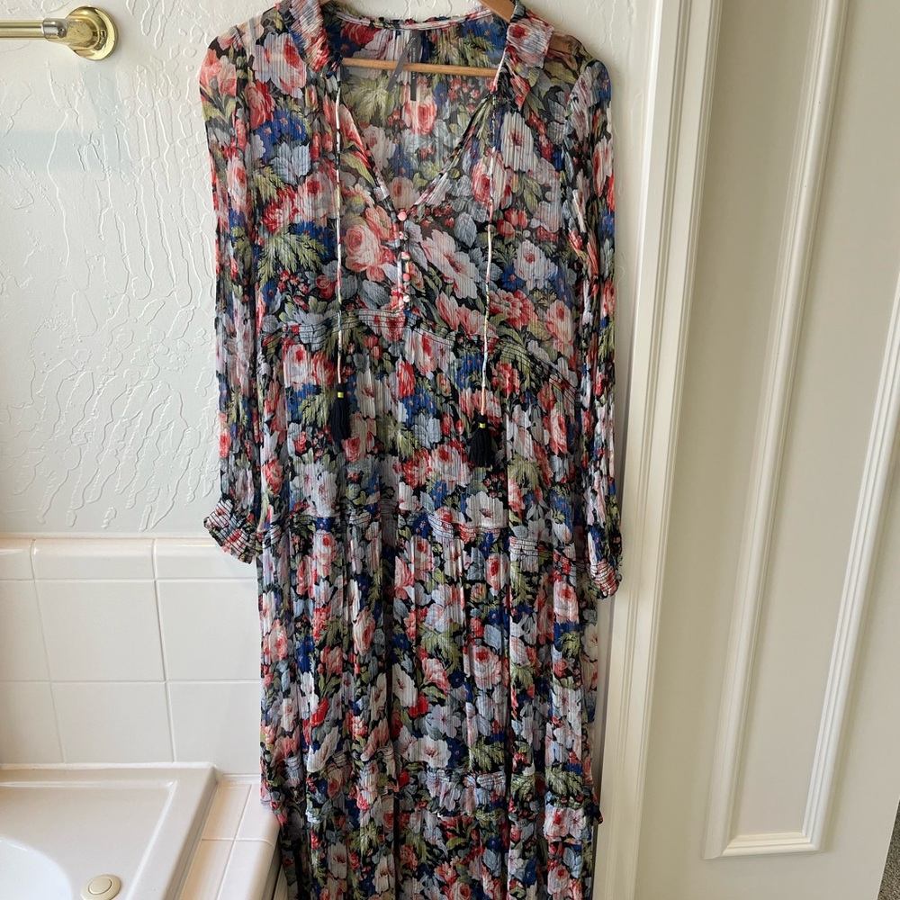 Floral V-Neck Long Sleeve Maxi Dress - Multi